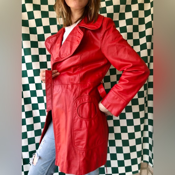 1960s Red Leather Jacket with Groovy Pockets and Collar - Picture 3 of 11